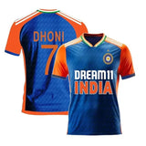 MS Dhoni 7 India jersey blue and orange cricket fan shirt front view