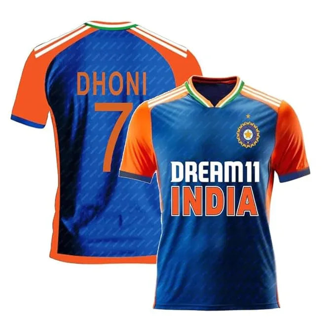 MS Dhoni 7 India jersey blue and orange cricket fan shirt front view