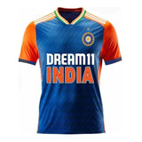 MS Dhoni 7 India jersey blue and orange cricket fan shirt front view