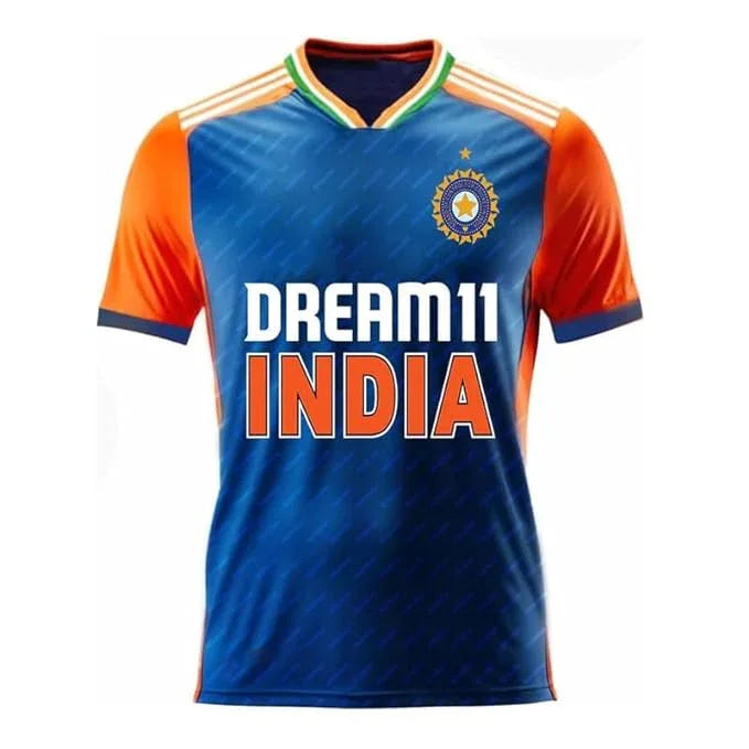 MS Dhoni 7 India jersey blue and orange cricket fan shirt front view