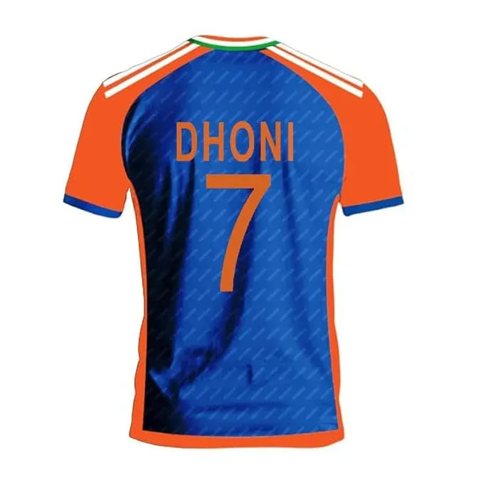 MS Dhoni 7 India jersey blue and orange cricket fan shirt front view