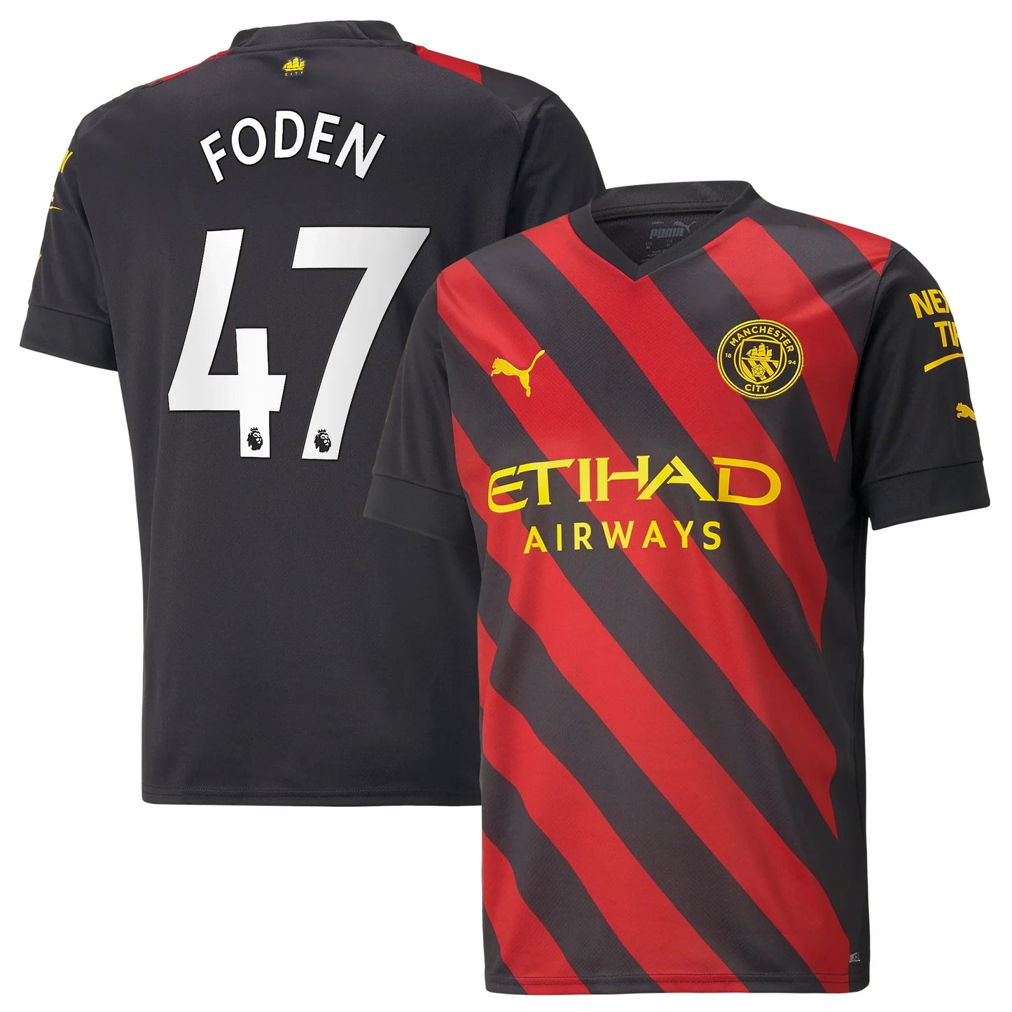 Phil Foden 47 Manchester City black red jersey front view