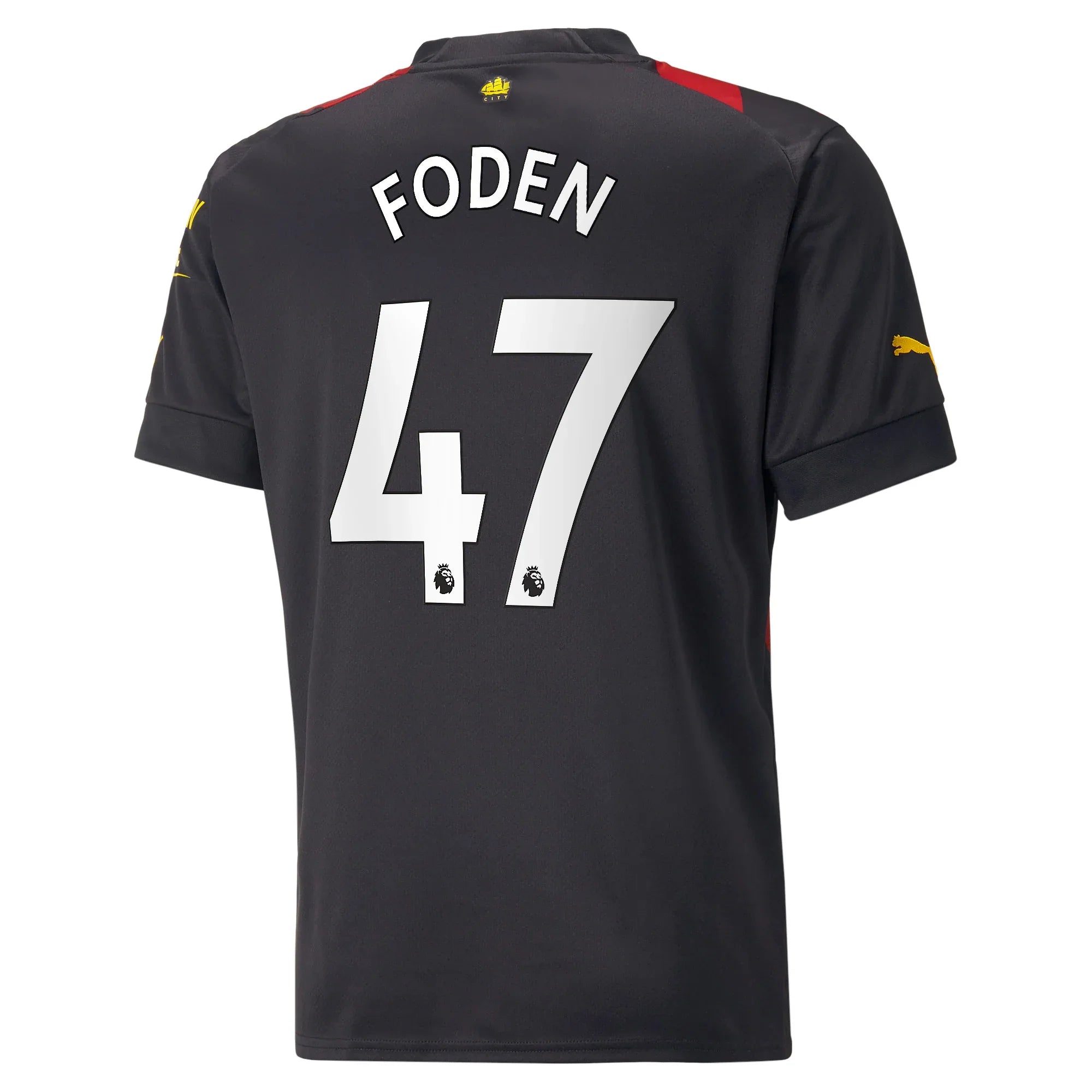 Phil Foden 47 Manchester City black red jersey front view