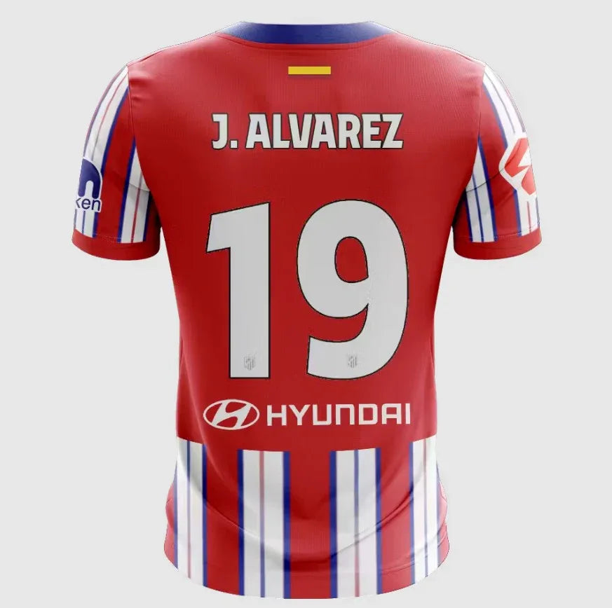 Back view of Atletico Madrid Alvarez #19 Jersey - Red White Home Kit showing player name and number