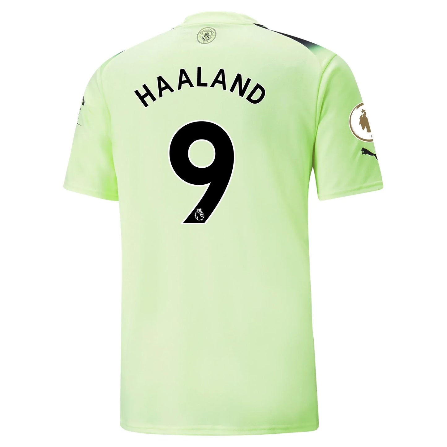 Back view of Manchester City Haaland #9 Jersey - Neon Green Away Kit showing player name and number