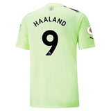 Back view of Manchester City Haaland #9 Jersey - Neon Green Away Kit showing player name and number