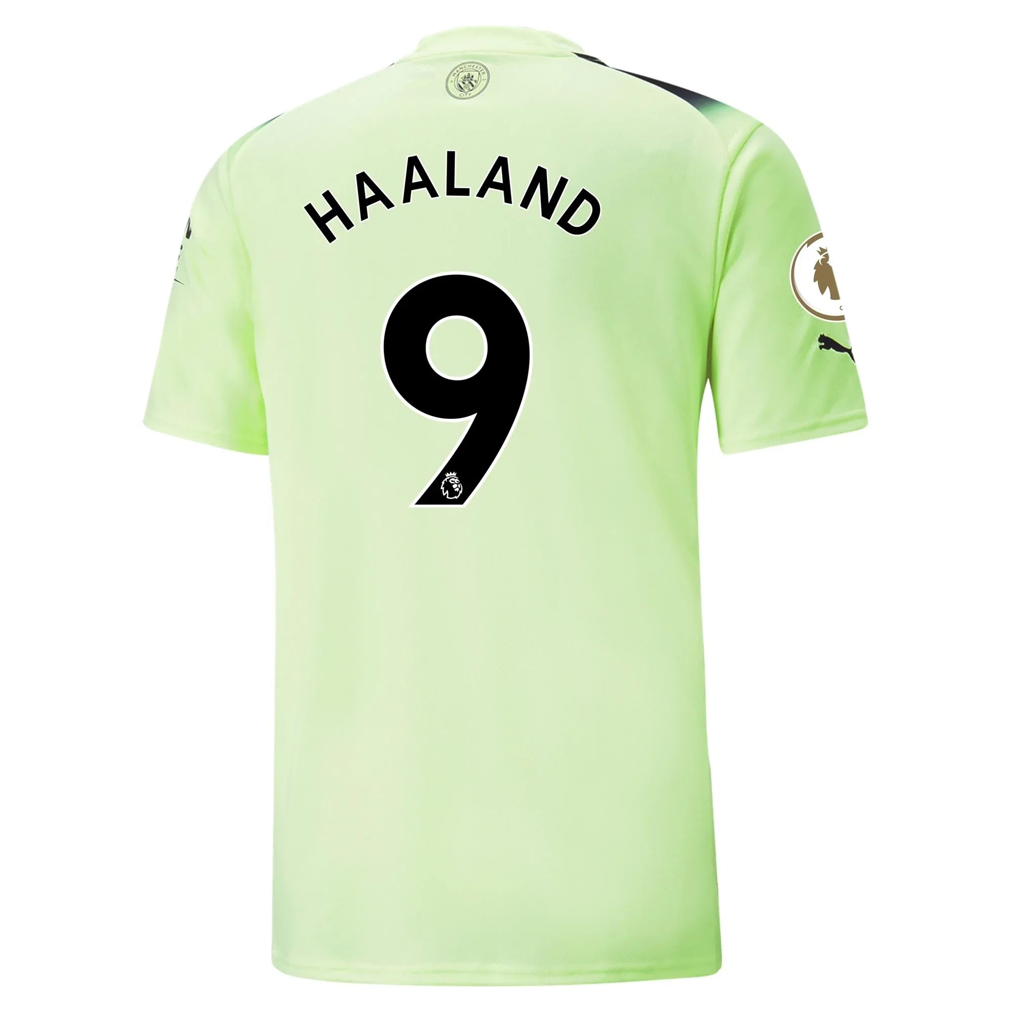 Back view of Manchester City Haaland #9 Jersey - Neon Green Away Kit showing player name and number