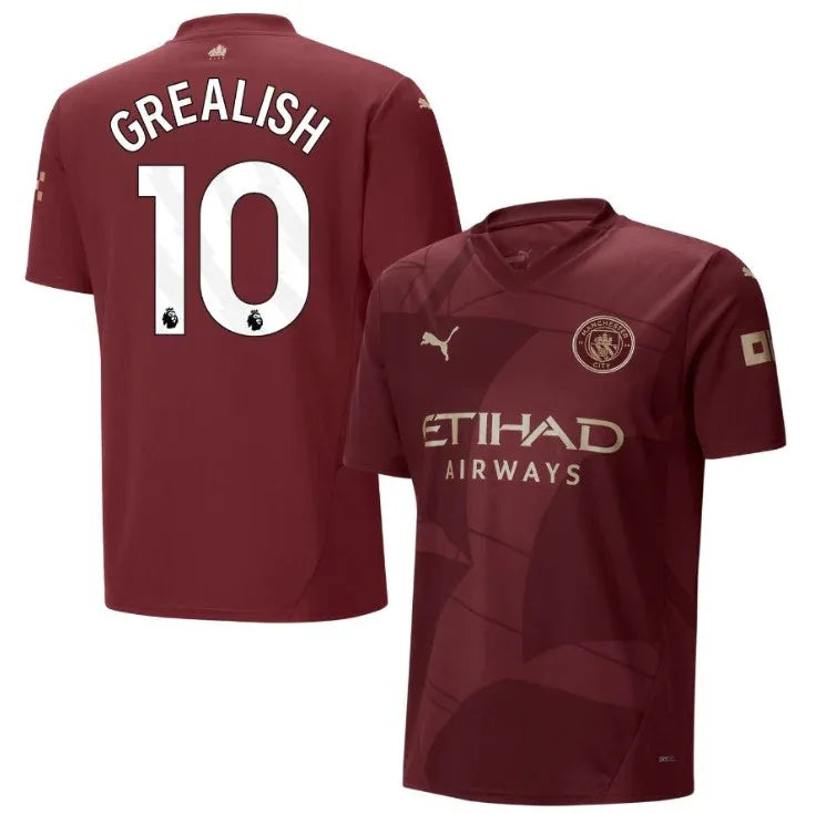 Front view of Manchester City Grealish #10 Jersey - Maroon Away Kit - Premium football jersey for fans