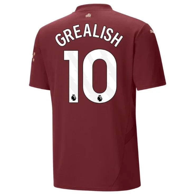 Back view of Manchester City Grealish #10 Jersey - Maroon Away Kit showing player name and number
