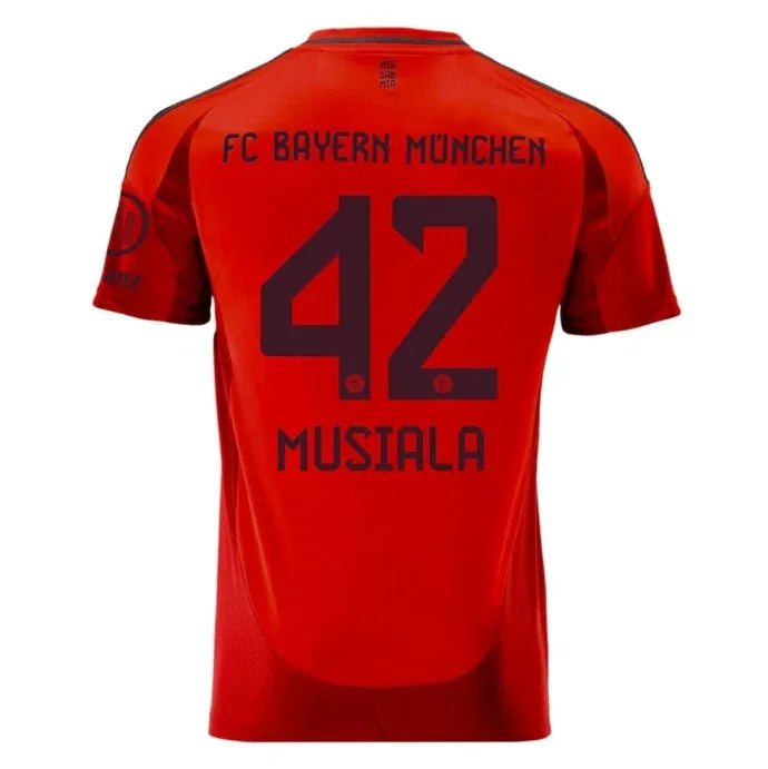 Side angle of Bayern Munich Musiala #42 Jersey - Red Home Kit - Breathable polyester fabric