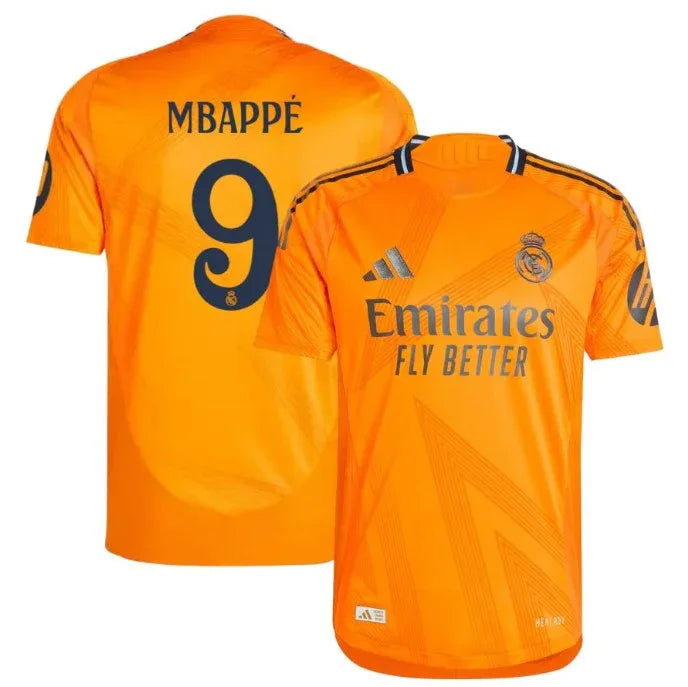 Front view of Real Madrid MbappŽ #9 Jersey - Orange Away Kit - Premium football jersey for fans