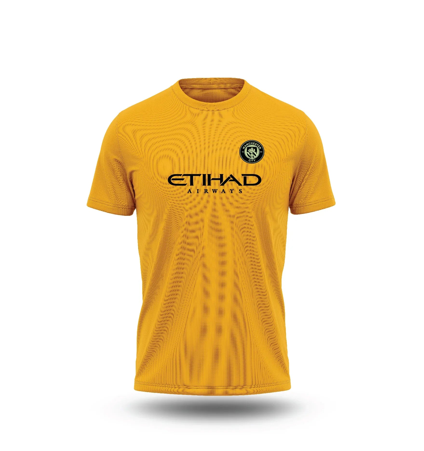 Main Front View: Front view of a bright yellow Manchester City short-sleeve football jersey with black Etihad Airways logo.