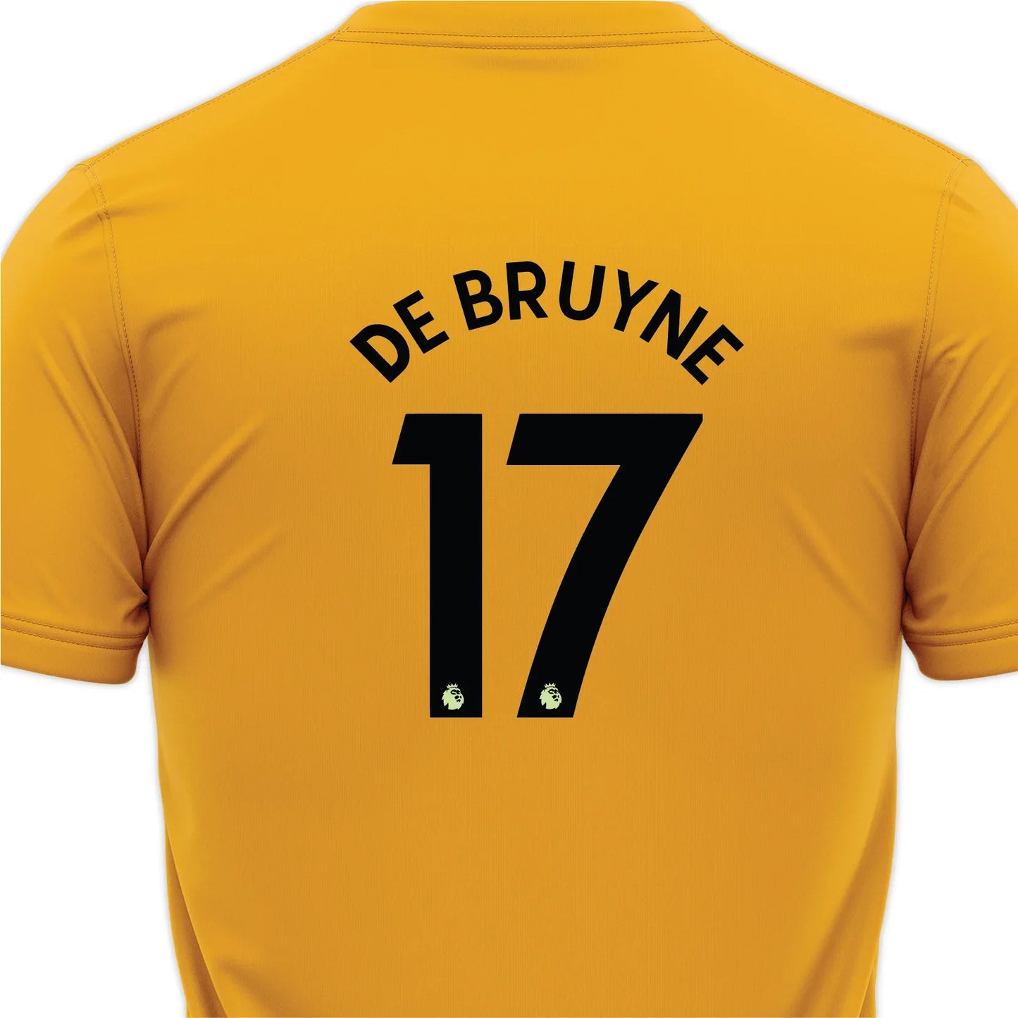 Ghost Mannequin Front: Angled front view of the De Bruyne yellow soccer shirt highlighting the athletic fit and crew neck.