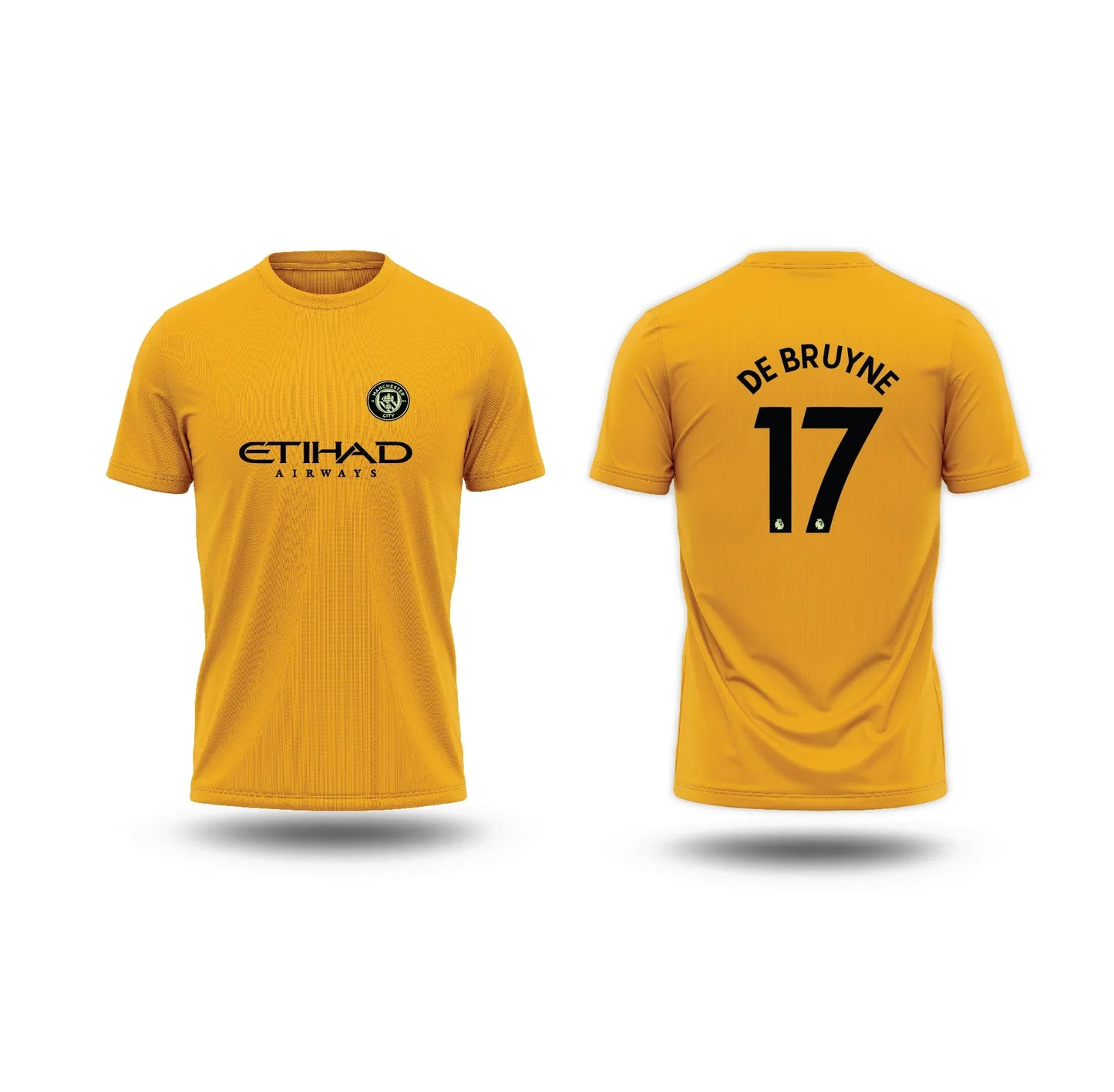 Ghost Mannequin Back: Angled back view of the yellow De Bruyne #17 jersey showing the sleeve and shoulder fit.