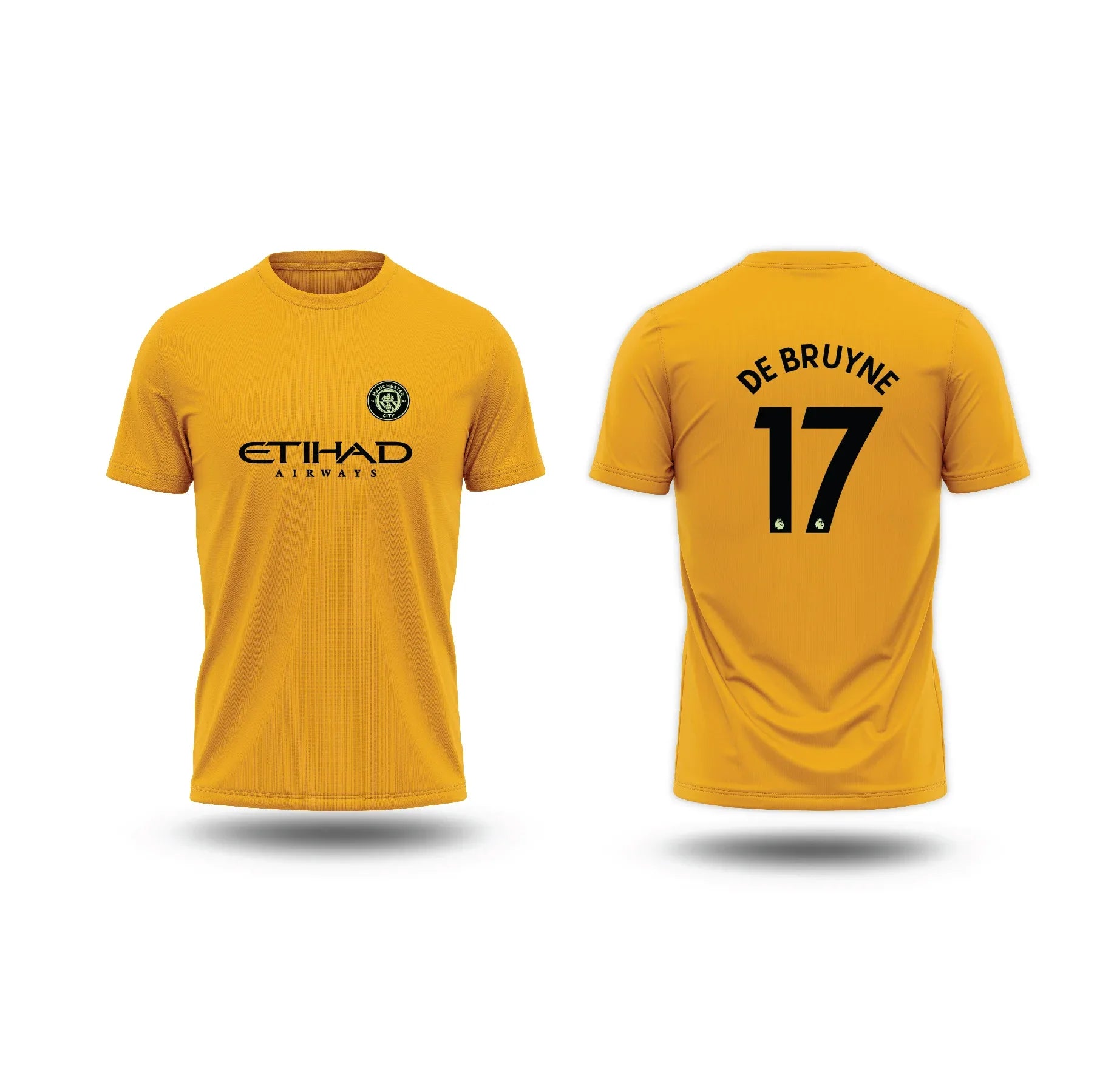 Ghost Mannequin Back: Angled back view of the yellow De Bruyne #17 jersey showing the sleeve and shoulder fit.