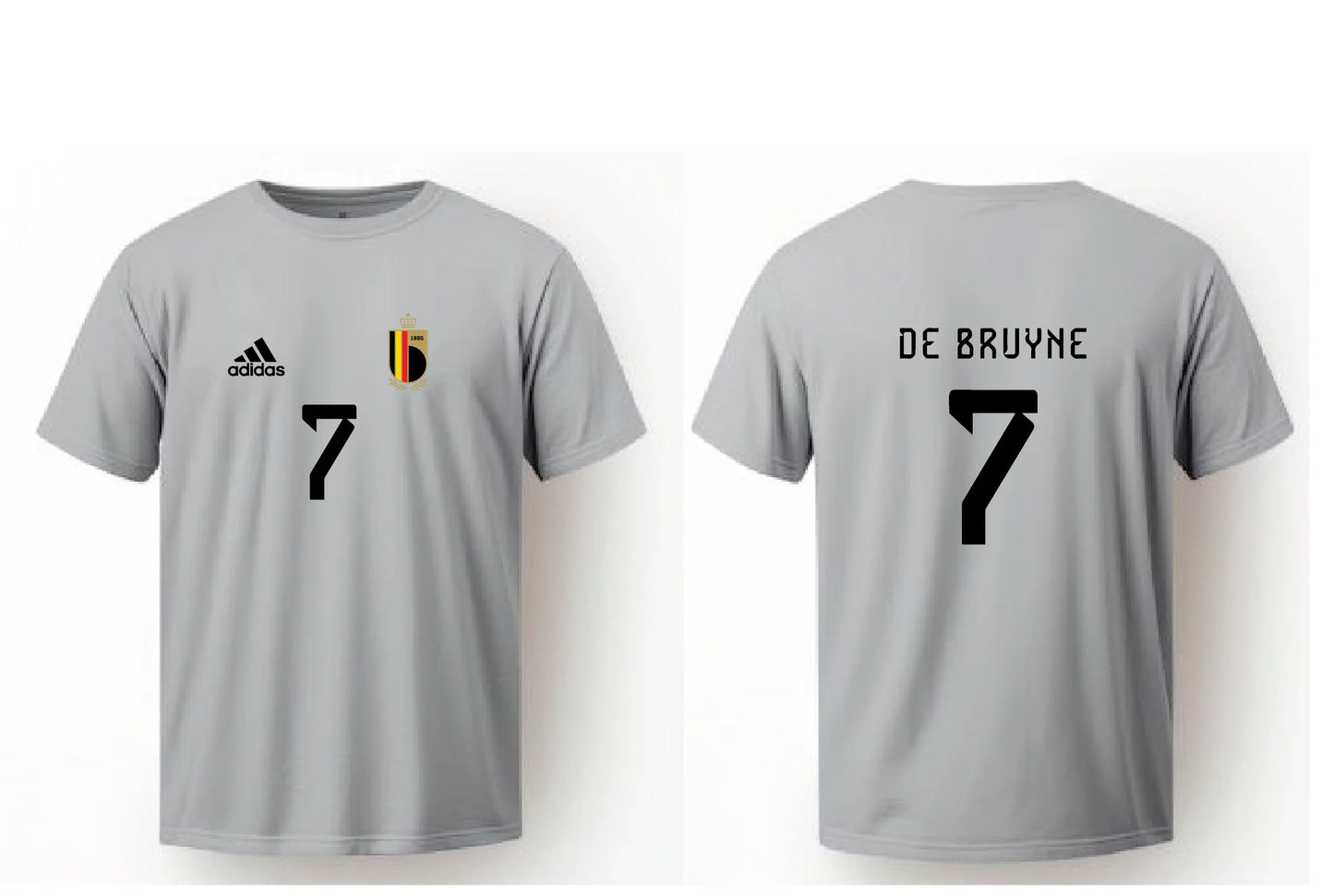 Front view of a light grey De Bruyne #7 short-sleeve football jersey featuring a black center number and chest crest.