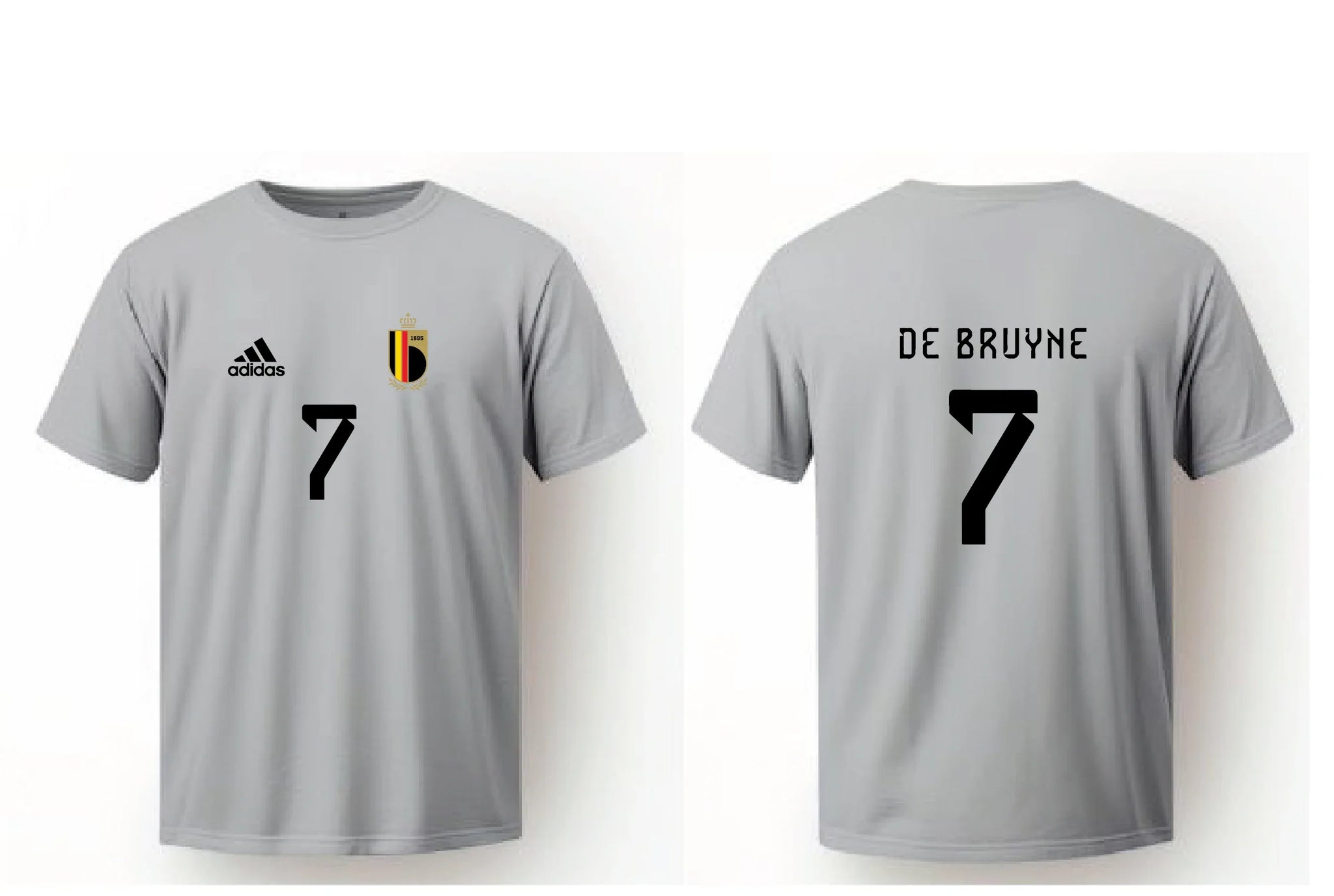 Front view of a light grey De Bruyne #7 short-sleeve football jersey featuring a black center number and chest crest.