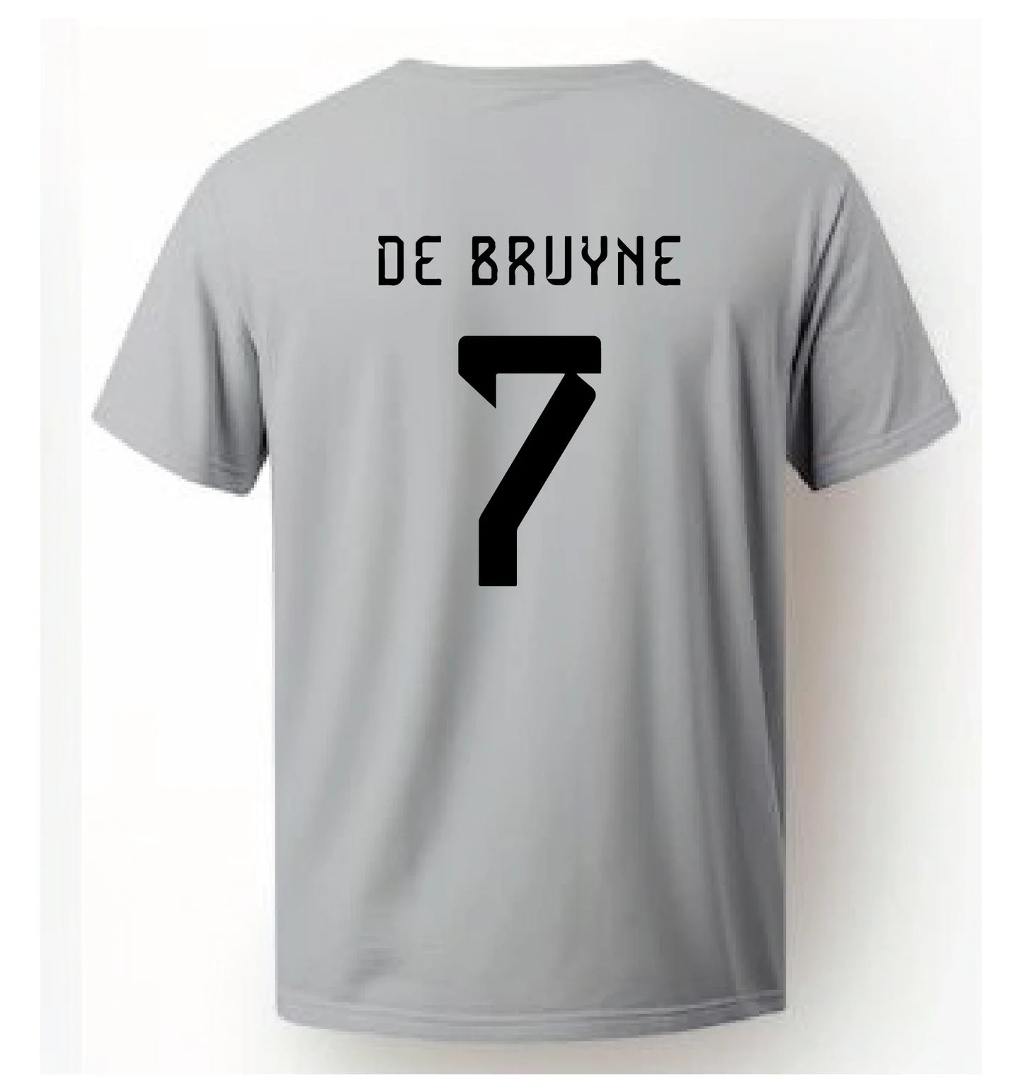 Male model wearing the grey De Bruyne #7 soccer jersey, highlighting the breathable athletic fit and crew neck.