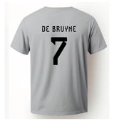 Male model wearing the grey De Bruyne #7 soccer jersey, highlighting the breathable athletic fit and crew neck.