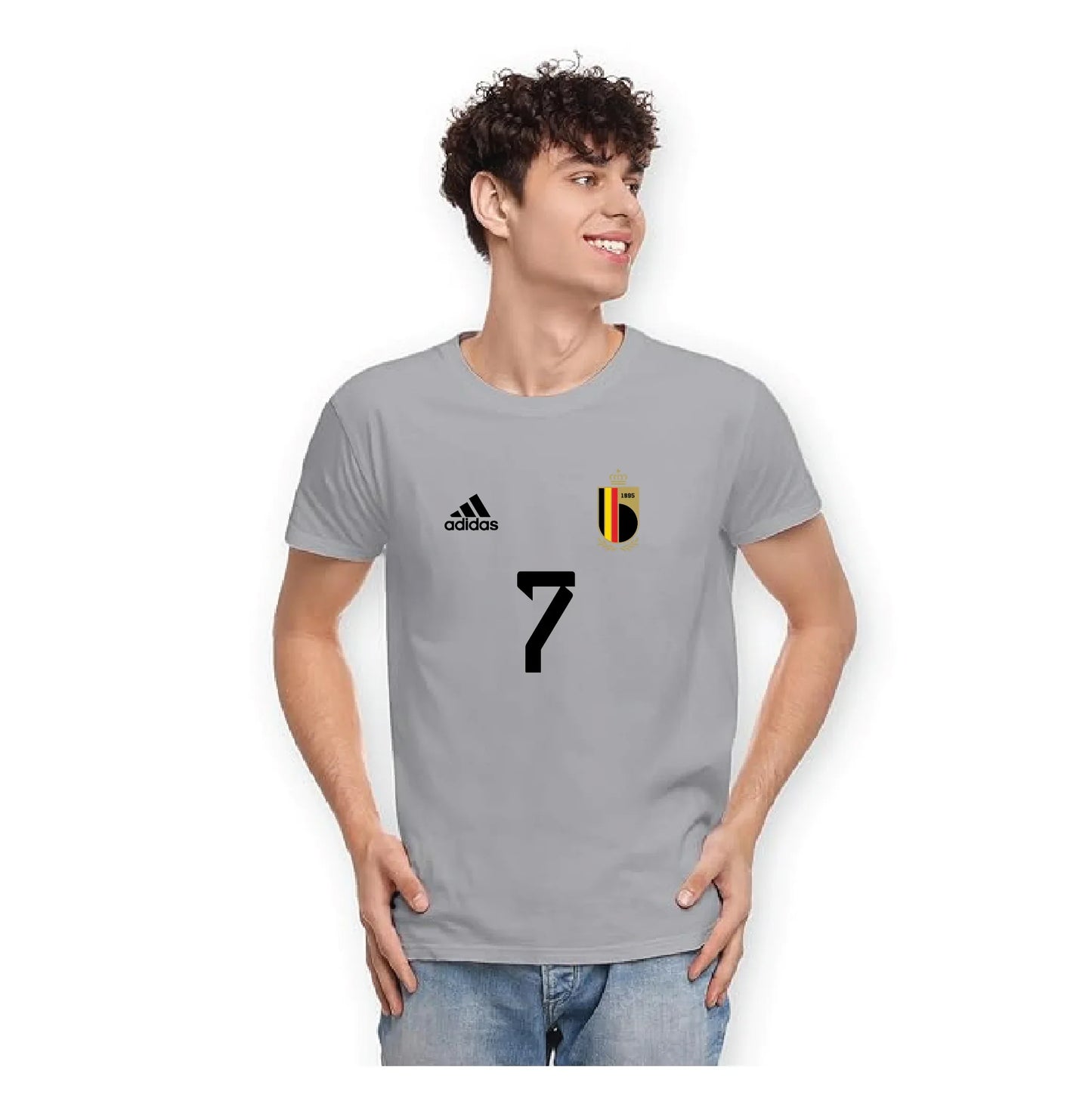 Angled view of the grey De Bruyne #7 short-sleeve sports shirt showing the shoulder and sleeve construction.